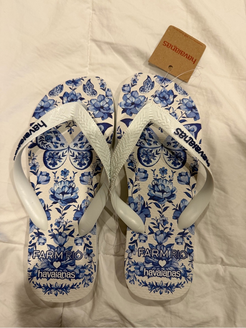 Havaianas White Flip Flops with Blue Floral Print